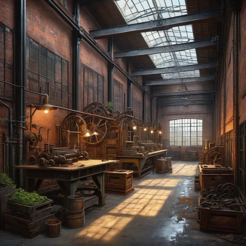 manufactory,industrial hall,castle iron market,apothecary,factory hall,empty factory,warehouse,merchant,waggonfabrik,factories,fabrik,warehouses,industrial ruin,industrial plant,mailroom,blacksmiths,industrial landscape,old factory,abandoned factory,instrumentarium,Illustration,Realistic Fantasy,Realistic Fantasy 27