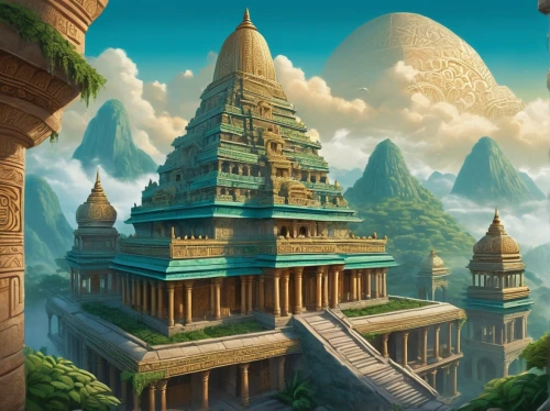 shambhala,ancient city,temples,citadels,fantasy landscape,vimana,ancient buildings,fractal environment,rathas,pagodas,spires,asian architecture,srivatsa,indian temple,mandalay,artemis temple,pravara,temple,civilizations,mandir,Illustration,Abstract Fantasy,Abstract Fantasy 23