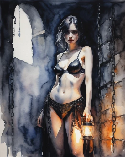 saraya,albedo,sindel,cave girl,witchblade,psylocke,themyscira,frazetta,bloodrayne,syleena,kitana,abaddon,gothika,enchantress,yavana,femme fatale,blackfire,ink painting,watercolor pin up,kalima,Illustration,Paper based,Paper Based 20