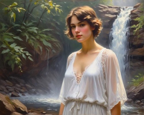 donsky,heatherley,struzan,romantic portrait,mystical portrait of a girl,girl on the river,ninfa,waterfall,world digital painting,fantasy portrait,cascading,perugini,bridal veil fall,oil painting,water fall,streamside,fantasy picture,emile vernon,milkmaid,bridalveil,Art,Classical Oil Painting,Classical Oil Painting 15