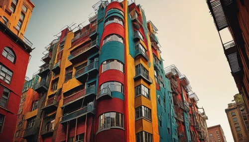 colorful facade,colorful city,apartment block,apartment blocks,sottsass,apartment building,pompidou,antilla,hundertwasser,apartment buildings,condos,hanging houses,tenements,multistorey,beaubourg,beautiful buildings,block of flats,mvrdv,hejduk,eixample,Illustration,Retro,Retro 19