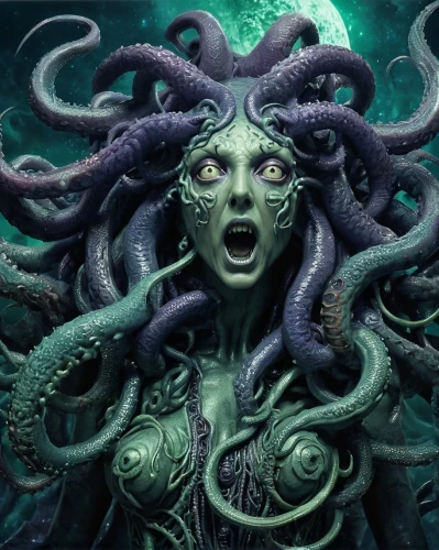 medusa gorgon,medusa,gorgon,cthulhu,azathoth,illithid,kraken,octo,ursula,illithids,lovecraftian,tentacular,prospal,vulnificus,medusae,eldritch,tentacles,octopus,narcosis,vodun,Illustration,Realistic Fantasy,Realistic Fantasy 47