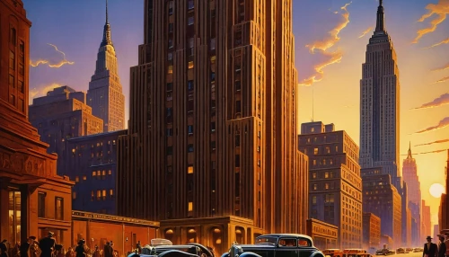 chrysler building,travel poster,art deco,new york taxi,mercedes-benz 600,hildebrandt,autobianchi,fiat 600,morris minor 1000,retro automobile,schuitema,fleetline,mercedes-benz 280s,retro car,schuiten,mercedes 180,manhattan,mercedes 170s,cityscape,mcquarrie,Illustration,American Style,American Style 07