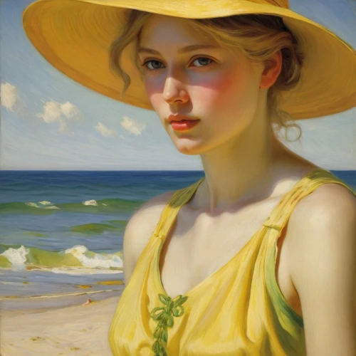 yellow sun hat,timoshenko,perugini,sun hat,girl wearing hat,schorpen,high sun hat,guccione,portrait of a girl,daines,whitmore,colwell,beach landscape,champney,mesdag,hettinger,girl on the dune,young woman,hildebrandt,young girl,Art,Classical Oil Painting,Classical Oil Painting 20