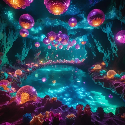 underwater oasis,fairy world,underwater playground,aquarium,fairy village,fairy galaxy,underwater background,lagoon,caverns,diamond lagoon,imaginationland,alien world,seaquarium,cave on the water,cavern,underwater world,3d fantasy,coral reef,ufo interior,fractal environment,Illustration,Realistic Fantasy,Realistic Fantasy 38