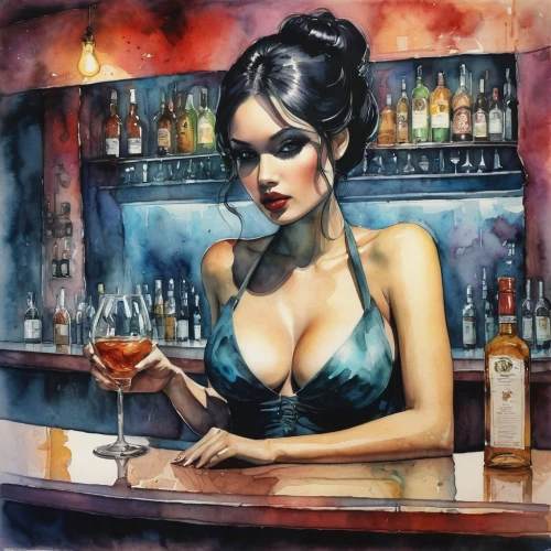 bartender,barmaid,bartending,barkeeper,donsky,barmaids,watercolor pin up,barkeep,liquor bar,absinthe,coctail,cocktail,mixologist,speakeasy,woman at cafe,martinis,vanderhorst,aperitif,barman,cocktails,Illustration,Paper based,Paper Based 18