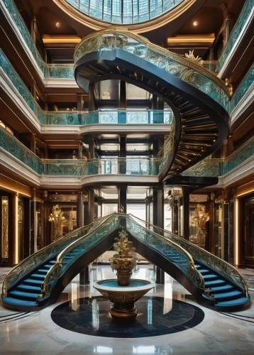 largest hotel in dubai,atrium,habtoor,rotana,emirates palace hotel,blavatnik,intercontinental,spiral staircase,luxury hotel,hotel lobby,futuristic architecture,jumeirah,atriums,kaust,spiral,escala,lobby,galleria,corinthia,water stairs,Illustration,Retro,Retro 24