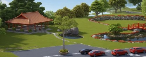 highway roundabout,urban park,feng shui golf course,roundabout,mini golf course,japanese zen garden,golf resort,landscaped,park,3d rendering,korean folk village,zen garden,japanese shrine,japanese garden,city park,parking lot under construction,landscaping,roundabouts,japanese garden ornament,ecovillages,Photography,General,Realistic