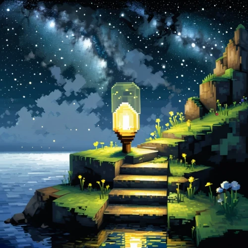 fairy chimney,wishing well,cartoon video game background,hoenn,illuminated lantern,lighthouse,starbound,dreamstone,overworld,starlit,fairy lanterns,lanterns,cliffside,hyrule,dreamscape,fantasy landscape,night scene,sinnoh,beacon,maplestory,Unique,Pixel,Pixel 03