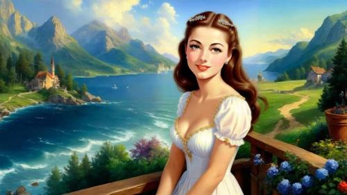 landscape background,tropico,girl on the river,fantasy picture,anarkali,belle,world digital painting,anastasiadis,background image,mervat,principessa,gwtw,vidya,retro woman,girl on the boat,musical background,girl in a long dress,cartoon video game background,a charming woman,fantasy woman