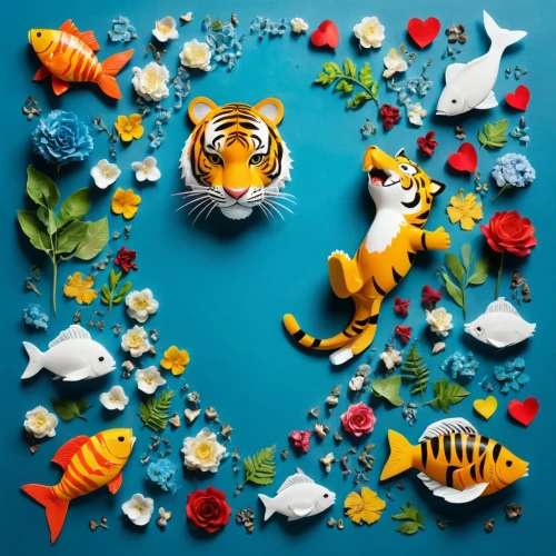 animal balloons,whimsical animals,fish collage,tropical animals,ornamental fish,paper art,tiger,tropical fish,aquatic animals,nursery decoration,children's background,fishes,sea animals,fish in water,a tiger,animal world,tigers,animal stickers,rimau,tigert,Unique,Design,Knolling