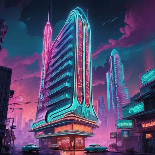 retro diner,cybertown,electric tower,polara,cybercity,neon sign,futuristic landscape,fantasy city,hotel riviera,motel,cyberpunk,futuristic architecture,neon arrows,futuristic,80's design,tron,drive in restaurant,electric gas station,futurepop,synth,Illustration,Retro,Retro 12