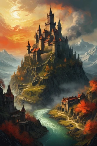 fantasy landscape,beleriand,gondolin,fantasy picture,erebor,castle of the corvin,nargothrond,fantasy art,knight's castle,diagon,castel,hogwarts,eyrie,tirith,forteresse,medieval castle,castlelike,dragonlance,fablehaven,castle,Photography,General,Natural