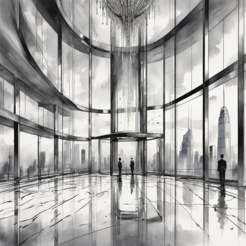 arcology,oscorp,glass building,glass wall,unbuilt,coruscant,glass facades,skyscraping,glass facade,titanum,shard of glass,city scape,undercity,lexcorp,futuristic landscape,enclosed,supertall,skyways,art deco background,futuristic architecture,Illustration,Black and White,Black and White 34