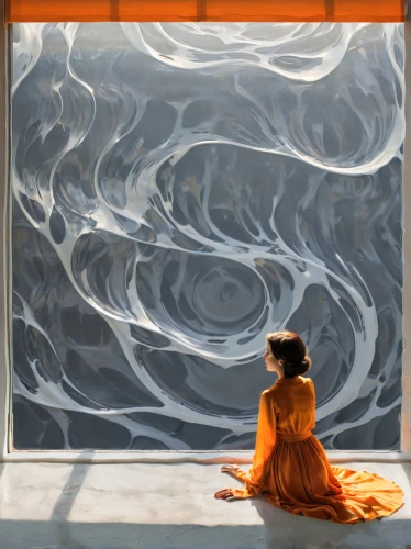 japanese waves,glass painting,drawing with light,swirling,amaterasu,voile,pranayama,vishishtadvaita,buddhist monk,little girl in wind,the wind from the sea,immersed,chalk drawing,keersmaeker,whirling,fluidity,vortex,enveloping,whirlwinds,coral swirl,Illustration,Vector,Vector 12