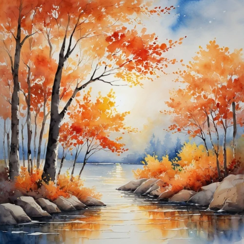 autumn landscape,watercolor background,fall landscape,watercolor painting,watercolor,autumn background,watercolor leaves,watercolorist,autumn scenery,watercolor tree,autuori,watercolour,watercolour paint,watercolours,water color,watercolor paint strokes,autumn morning,watercolors,river landscape,autumn trees,Illustration,Paper based,Paper Based 25