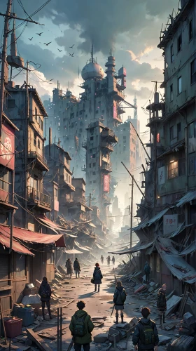 gunkanjima,postapocalyptic,destroyed city,world digital painting,slum,varsavsky,post-apocalyptic landscape,post apocalyptic,dishonored,slums,hawken,kowloon,katmandu,apocalyptic,cybertown,saneh,shadowrun,cityscape,sedensky,bazars,Anime,Anime,Realistic