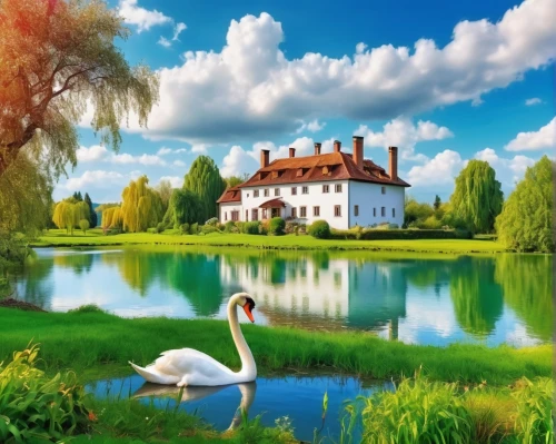 landscape background,house with lake,moated castle,home landscape,swan lake,country house,beautiful landscape,nature background,background view nature,meadow landscape,nature landscape,nature wallpaper,landscape nature,green landscape,fantasy picture,windows wallpaper,beautiful home,paysage,lilly pond,country estate,Photography,General,Realistic