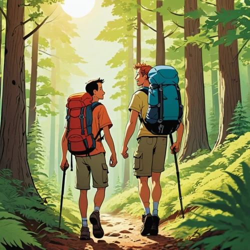 hikers,backpackers,backpacking,travelers,hiker,forest walk,explorers,hiking,forest workers,dilton,trekking poles,ecotourists,travel poster,trekkers,adventurers,digital nomads,trekking,adventurists,geocachers,backpacker,Illustration,Children,Children 02