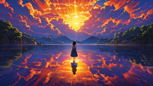 dubbeldam,dreamscape,world digital painting,sun reflection,reflexed,parallel worlds,the horizon,parallel world,fire background,sundancer,dream art,landscape background,rising sun,reflectional,reflect,awakening,art background,lake of fire,journey,fantasy picture,Illustration,Japanese style,Japanese Style 05