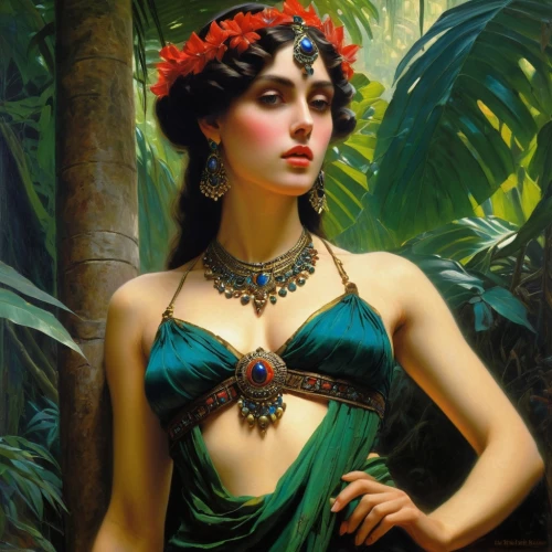 emile vernon,cleopatra,inara,eldena,viveros,hildebrandt,polynesian girl,esmeralda,tretchikoff,art deco woman,orientalist,exoticism,habanera,diana,fantasy portrait,exotica,amazonica,bohemian art,liliana,maenad,Art,Classical Oil Painting,Classical Oil Painting 42