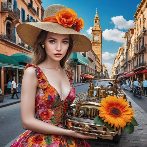 girl in a long dress,beautiful girl with flowers,vintage girl,florentina,girl in flowers,flamenca,girl in a historic way,flower delivery,vintage woman,vintage dress,parisienne,principessa,flower cart,primavera,holding flowers,floral dress,flower hat,retro woman,retro girl,vintage floral,Photography,General,Realistic