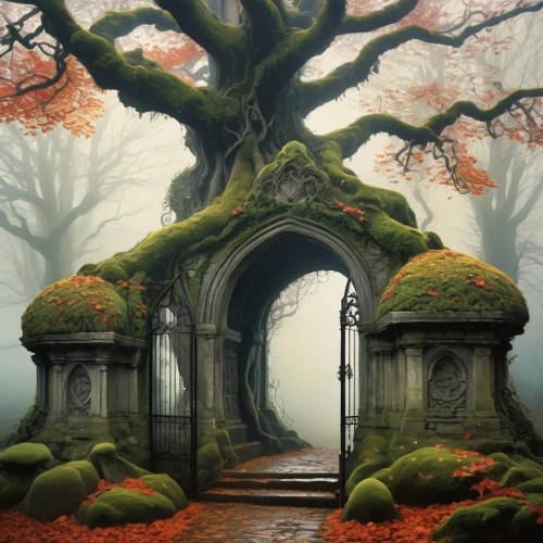 haunted forest,enchanted forest,fantasy picture,witch's house,heaven gate,archway,stone gate,fairytale forest,fantasy landscape,gateway,moss landscape,old graveyard,mirkwood,doorways,fairy door,creepy doorway,ghost castle,portal,neverland,archways,Photography,Black and white photography,Black and White Photography 09