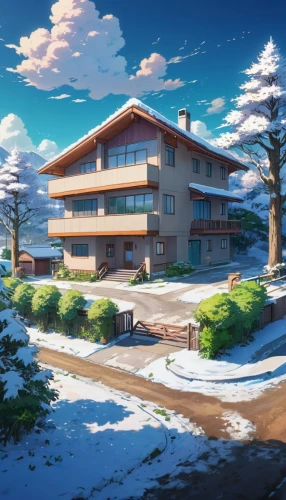 holiday complex,apartment complex,tsukihime,ski resort,winter background,winter house,snow landscape,snowy landscape,snow scene,residential,snow slope,apartment house,dormitory,snow roof,house by the water,setsuna,sky apartment,dorms,clubroom,winter landscape,Illustration,Japanese style,Japanese Style 03