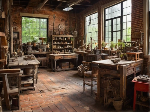 workbenches,bookbinders,pottery,ceramicist,restorers,craftspeople,potteries,ceramist,manufactory,printshop,apothecaries,middleport,bootmakers,storerooms,blacksmiths,brickworks,sewing factory,ceramics,toolworks,workrooms,Illustration,Retro,Retro 07