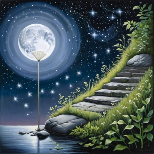 hanging moon,moon walk,moon and star background,moonwalked,dream art,fantasy picture,escaleras,moonlit night,herfstanemoon,winding steps,stairway,night scene,escalera,moon addicted,world digital painting,heavenly ladder,moonbeams,poornima,stairway to heaven,moonlighted,Conceptual Art,Daily,Daily 23