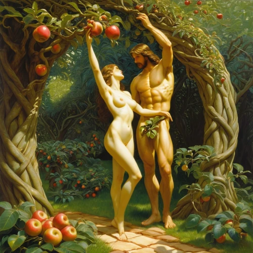 adam and eve,apple harvest,garden of eden,orchardists,apple pair,woman eating apple,fruit picking,picking apple,girl picking apples,applemans,hildebrandt,orchardist,apple trees,dossi,apple orchard,apple tree,basket of apples,young couple,appleworks,ripe apple,Illustration,Realistic Fantasy,Realistic Fantasy 03