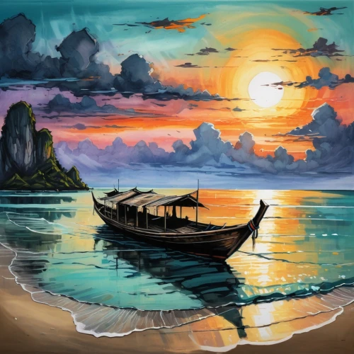 boat landscape,world digital painting,fishing boat,sea landscape,landscape background,boat on sea,beach landscape,fishing boats,wooden boat,seascape,coastal landscape,fishing village,an island far away landscape,old wooden boat at sunrise,ocean background,sailing boat,sampan,tropical sea,row boat,watercolor background,Illustration,Realistic Fantasy,Realistic Fantasy 23