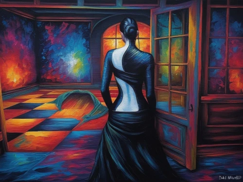 dubbeldam,jasinski,neon body painting,girl in a long dress,nightdress,girl in a long dress from the back,oil painting on canvas,bodypainting,glass painting,inamorata,art painting,surrealism,dark art,hildebrandt,bohemian art,woman thinking,fantasy art,mirror of souls,illusion,the illusion,Illustration,Realistic Fantasy,Realistic Fantasy 25