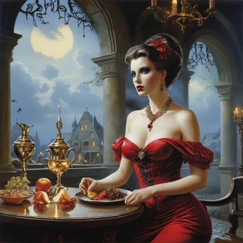 queen of hearts,lady in red,fantasy art,fantasy picture,man in red dress,gothic portrait,woman eating apple,noblewoman,perfumer,vampire lady,baccarat,vampire woman,fantasy woman,duchesse,red gown,hildebrandt,woman with ice-cream,fantasy portrait,gothic woman,jeweller,Conceptual Art,Fantasy,Fantasy 29