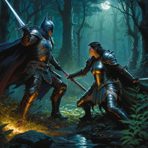 swordfight,dragonlance,malazan,warrior and orc,valar,fantasy picture,knighting,swordfighting,spearmen,batalla,elendil,confrontation,fantasy art,fingolfin,horrobin,game illustration,dispute,knighthoods,noldor,duelled,Illustration,Realistic Fantasy,Realistic Fantasy 03