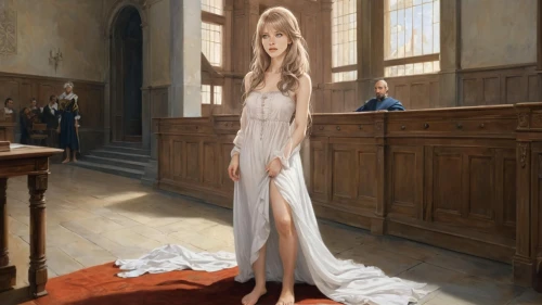 khnopff,church painting,girl in a long dress,wedding dress,lady justice,margaery,donsky,justitia,a floor-length dress,jessamine,the angel with the veronica veil,galadriel,blonde in wedding dress,angelus,canoness,wedding gown,holy communion,dead bride,lachesis,clergywoman