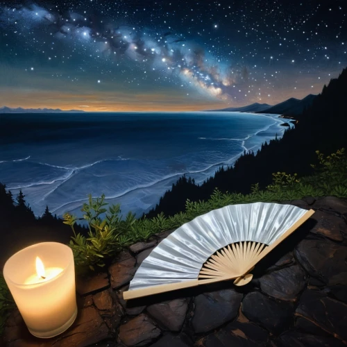 romantic dinner,romantic night,candle light dinner,place setting,romantic scene,starry night,candle light,table setting,stargazing,light paint,dinner for two,world digital painting,luminarias,candlelight,sea night,sweet table,the night sky,lightpainting,candlelights,digital painting,Illustration,Retro,Retro 16