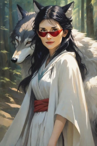 amaterasu,kitsune,inuyasha,okami,geisha,yukai,mononoke,kunqu,ugetsu,shunju,white wolves,yiwen,inu,dalixia,wuxian,rongfeng,longmei,fantasy portrait,xuanwei,moondragon,Digital Art,Impressionism