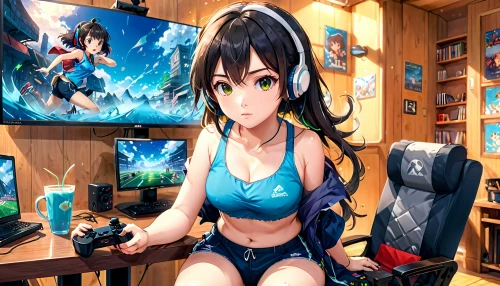 anime 3d,kantai collection sailor,nowa,aqua studio,cybercafes,cybercafe,mousepads,3d background,shigure,sitting on a chair,nexon,girl at the computer,cool backgrounds,tansu,study room,background screen,atago,display panel,blue room,virtual world
