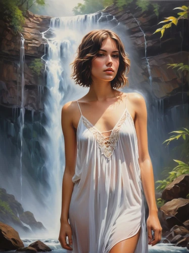 donsky,waterfall,water fall,girl on the river,waterfalls,water nymph,brown waterfall,bridal veil fall,cascading,fantasy picture,world digital painting,struzan,fantasy art,woman at the well,naiad,flowing water,romantic portrait,fantasy portrait,heatherley,waterval,Conceptual Art,Fantasy,Fantasy 15