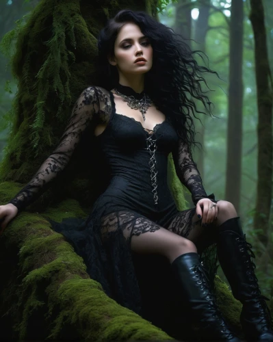 gothic woman,faery,sirenia,faerie,rasputina,the enchantress,tatia,enchantress,gothic dress,dryad,fairy queen,goth woman,hekate,dark angel,dark gothic mood,perched on a log,ballerina in the woods,gothic style,swath,gothika,Art,Classical Oil Painting,Classical Oil Painting 11