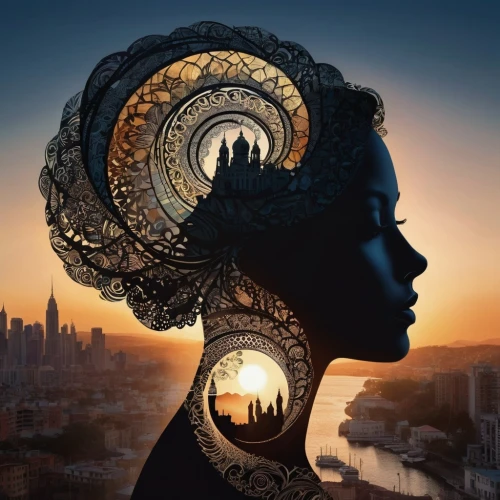 afrofuturism,woman silhouette,head woman,millenary,spiral art,abnegation,woman thinking,hemispheres,precognition,mystical portrait of a girl,the hat of the woman,fractals art,phrenologist,sci fiction illustration,envision,silhouette art,equilibria,queen anne,mirror of souls,dieckmann,Photography,Artistic Photography,Artistic Photography 15