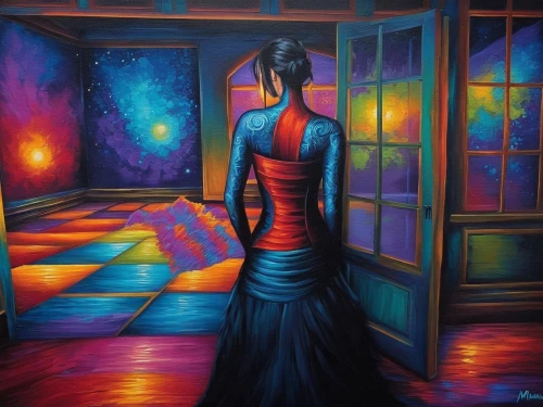 oil painting on canvas,art painting,glass painting,girl in a long dress,nightdress,dream art,fantasy art,oil painting,blue room,bohemian art,pintura,the threshold of the house,woman thinking,neon body painting,bodypainting,surrealism,dance with canvases,girl in the kitchen,dmitriev,dubbeldam,Illustration,Realistic Fantasy,Realistic Fantasy 25