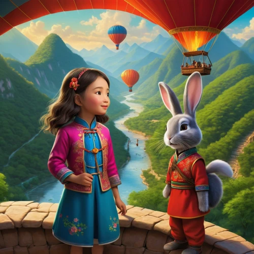 balloon trip,despereaux,balloonists,shanghai disney,cartoon rabbit,girl and boy outdoor,imaginationland,cartoon bunny,children's background,alice in wonderland,cute cartoon image,3d fantasy,balloonist,magical adventure,wonderlands,hare trail,storybook,cute cartoon character,world digital painting,fairy tale,Illustration,Realistic Fantasy,Realistic Fantasy 22