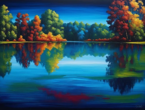 autumn landscape,river landscape,dubbeldam,oil painting on canvas,fall landscape,art painting,oil painting,autumn background,painting technique,forest lake,landscape background,waterscape,reflections in water,oil on canvas,forest landscape,blue painting,mirror water,gantner,nature landscape,water scape,Illustration,Realistic Fantasy,Realistic Fantasy 25