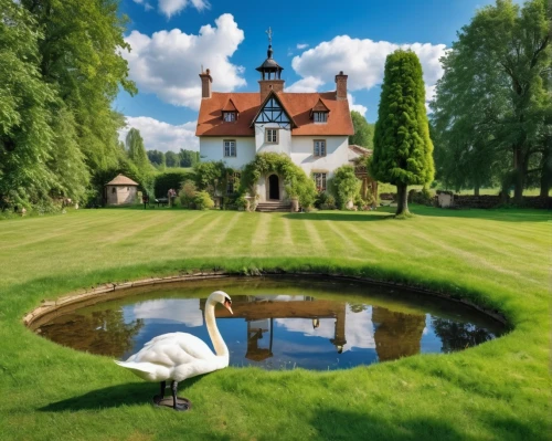 moated castle,lilly pond,country house,elizabethan manor house,moated,lily pond,swan lake,country estate,duckmanton,felderhof,mottisfont,dumanoir,lawn flamingo,garden pond,schwan,herstmonceux,beschloss,white swan,home landscape,english garden,Photography,General,Realistic