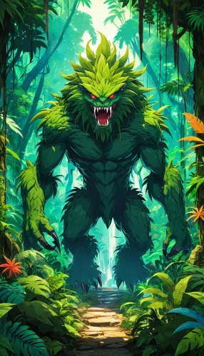 forest king lion,jayasimha,narasimha,blanka,beheira,gorgonians,barghuti,forest animal,king of the jungle,werewolve,jungle,forest dragon,groark,totora,forest background,neibaur,pinegar,rakshasa,patrol,koggala,Illustration,Japanese style,Japanese Style 03