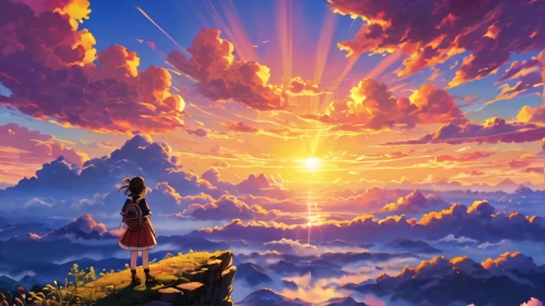 heavenward,mountain sunrise,sky,world digital painting,dreamscape,bright sun,rising sun,god rays,epic sky,beautiful wallpaper,sunrise in the skies,sunrise,daybreak,skyfire,landscape background,fantasy picture,rise,horizons,ghibli,the horizon,Illustration,Japanese style,Japanese Style 05