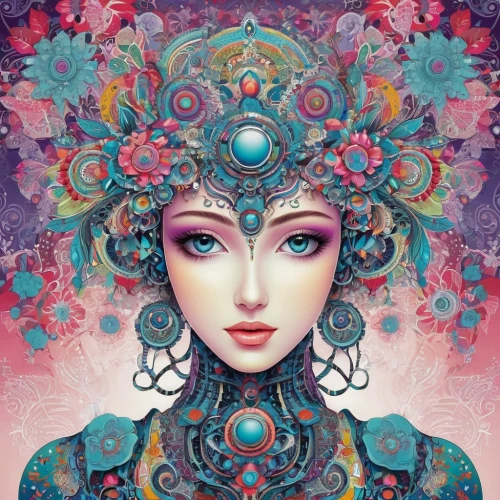 fantasy portrait,boho art,kommuna,amidala,oriental princess,viveros,boho art style,fantasy art,samsara,fractals art,fairie,kaleidoscope art,mystical portrait of a girl,flora,masquerade,cosmic flower,bohemian art,mandala flower illustration,fairy peacock,dakini,Illustration,Abstract Fantasy,Abstract Fantasy 08