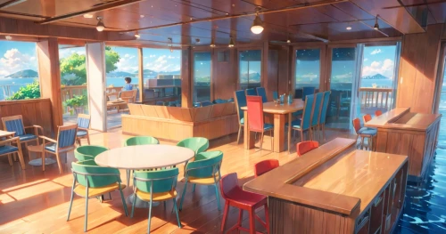 houseboat,breakfast on board of the iron,on a yacht,houseboats,breakfast room,deckhouse,beach restaurant,clubroom,aboard,sea fantasy,dockside,renderings,teahouse,britannic,coffeeshop,3d rendering,beach bar,yacht,over water bungalow,dining room,Anime,Anime,General